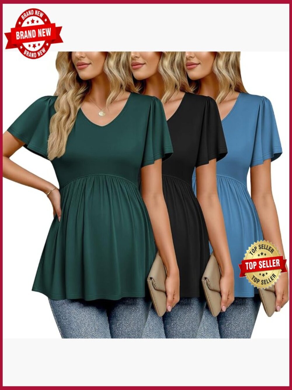 3 Pack Maternity Shirts, V Neck Short Sleeve Tunic Tops, Pregnancy Clothes